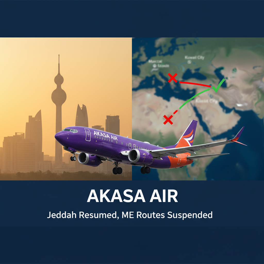A professional graphic showing an Akasa Air plane with a split background: a Middle Eastern cityscape and a map with flight routes.