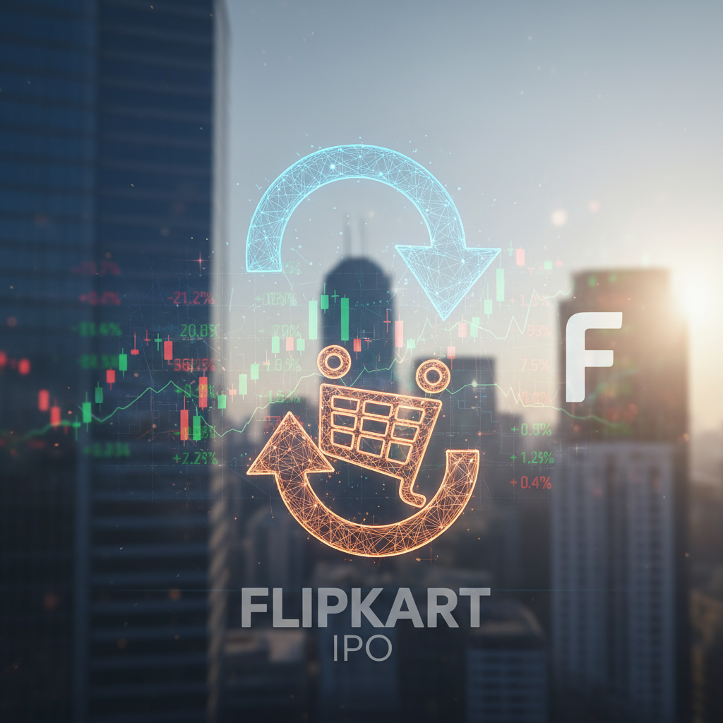 A digital illustration representing Flipkart's strategic "reverse flip" with arrows and a shopping cart icon.