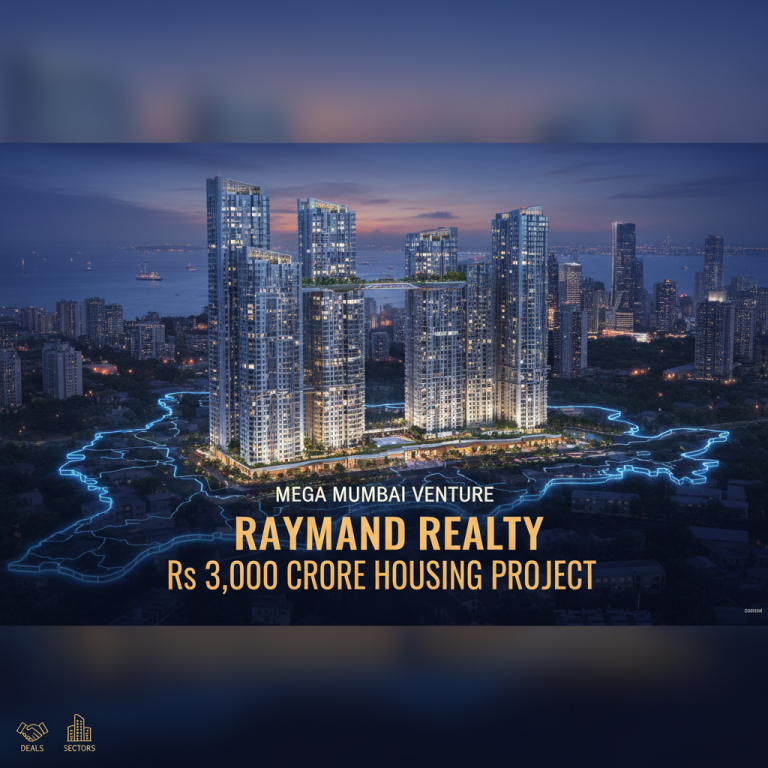 A modern, high-rise residential complex in Mumbai at dusk, with "Raymond Realty" text and "Rs 3,000 Crore Housing Project."