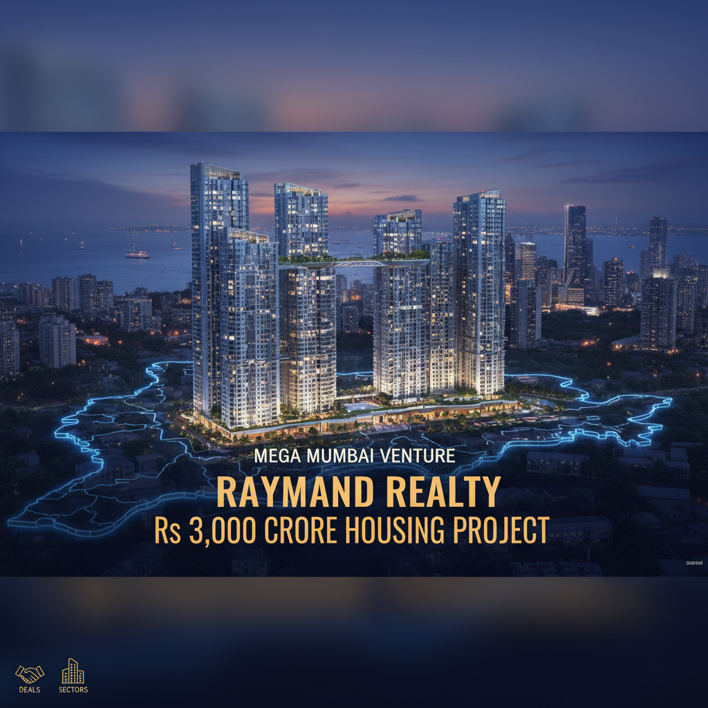A modern, high-rise residential complex in Mumbai at dusk, with "Raymond Realty" text and "Rs 3,000 Crore Housing Project."
