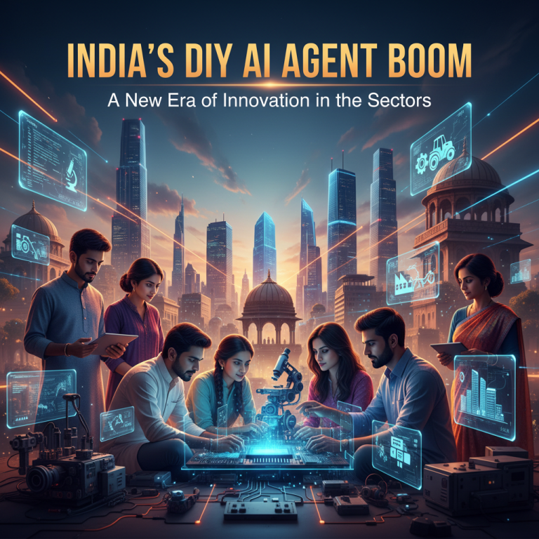 Diverse group in India building AI agents with futuristic tech and city skyline in background.
