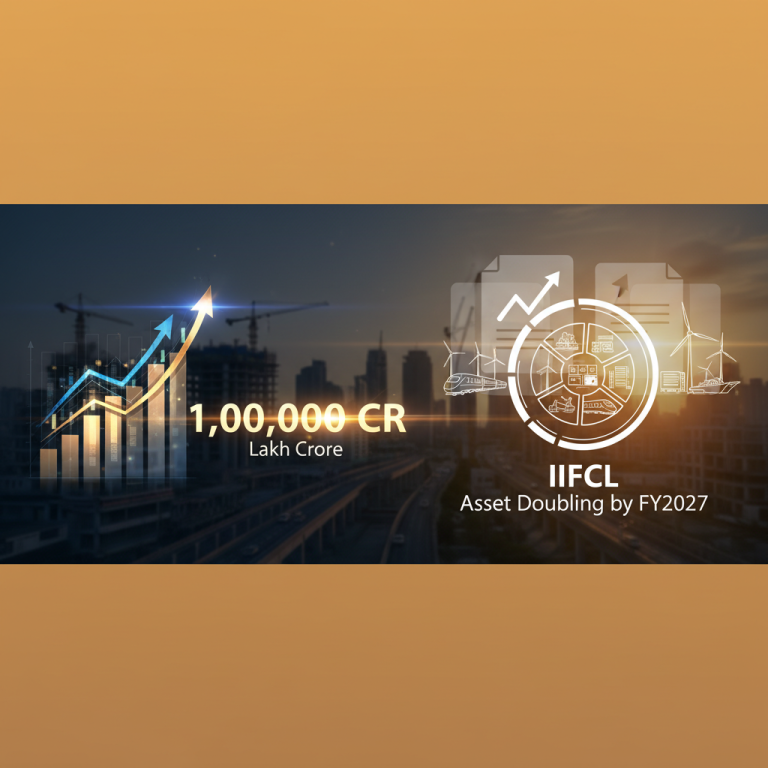 A modern infographic showing growth charts, currency, and infrastructure elements against a city skyline.