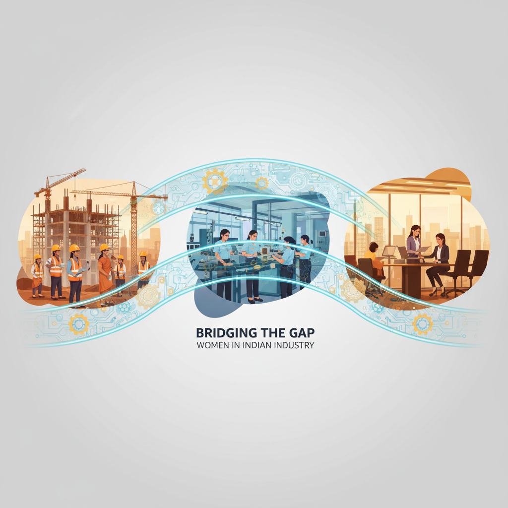 A professional image showcasing women working in Indian manufacturing, construction, and services, symbolizing empowerment.