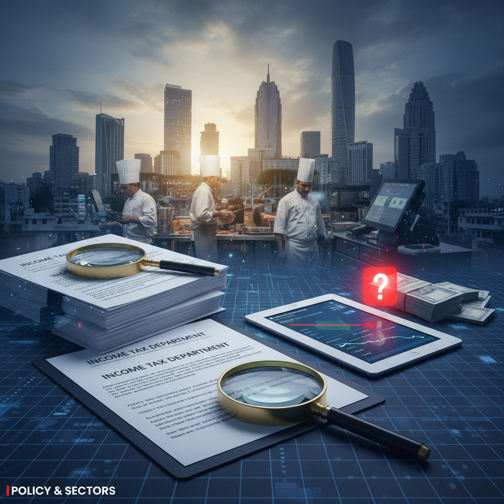 Magnifying glass on tax documents with city skyline and chefs in background, symbolizing a tax probe.