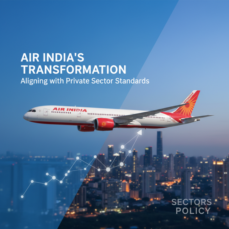 An Air India airplane soaring above a cityscape at dusk, with an upward trending graph overlay, symbolizing growth and transformation.