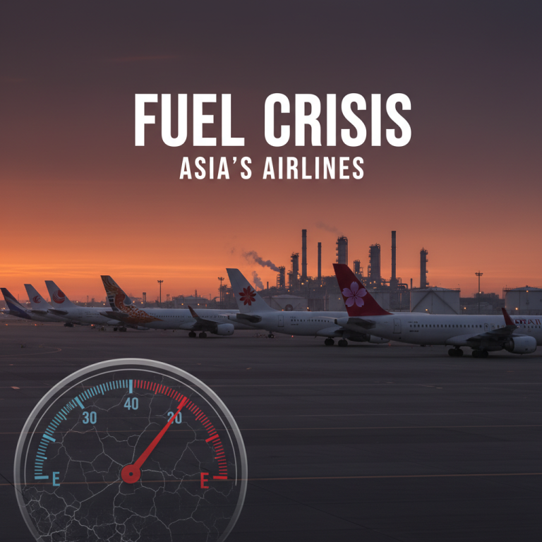 Airplanes parked at an airport with a refinery in the background and a fuel gauge showing empty.