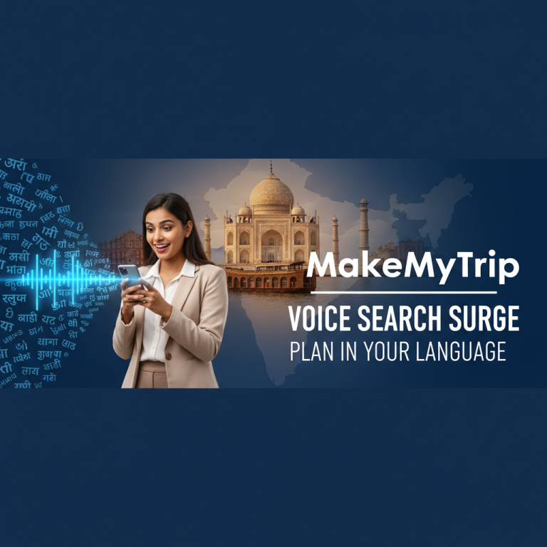 A woman using voice search on a smartphone with Indian landmarks and various Indian language words in the background.