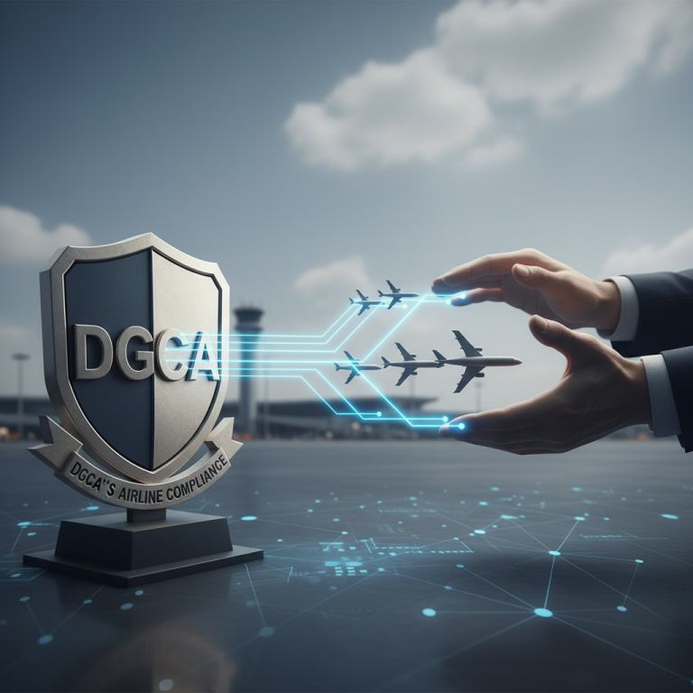 A shield with "DGCA" and "DGCA's Airline Compliance," hands guiding glowing airplane icons over a network.