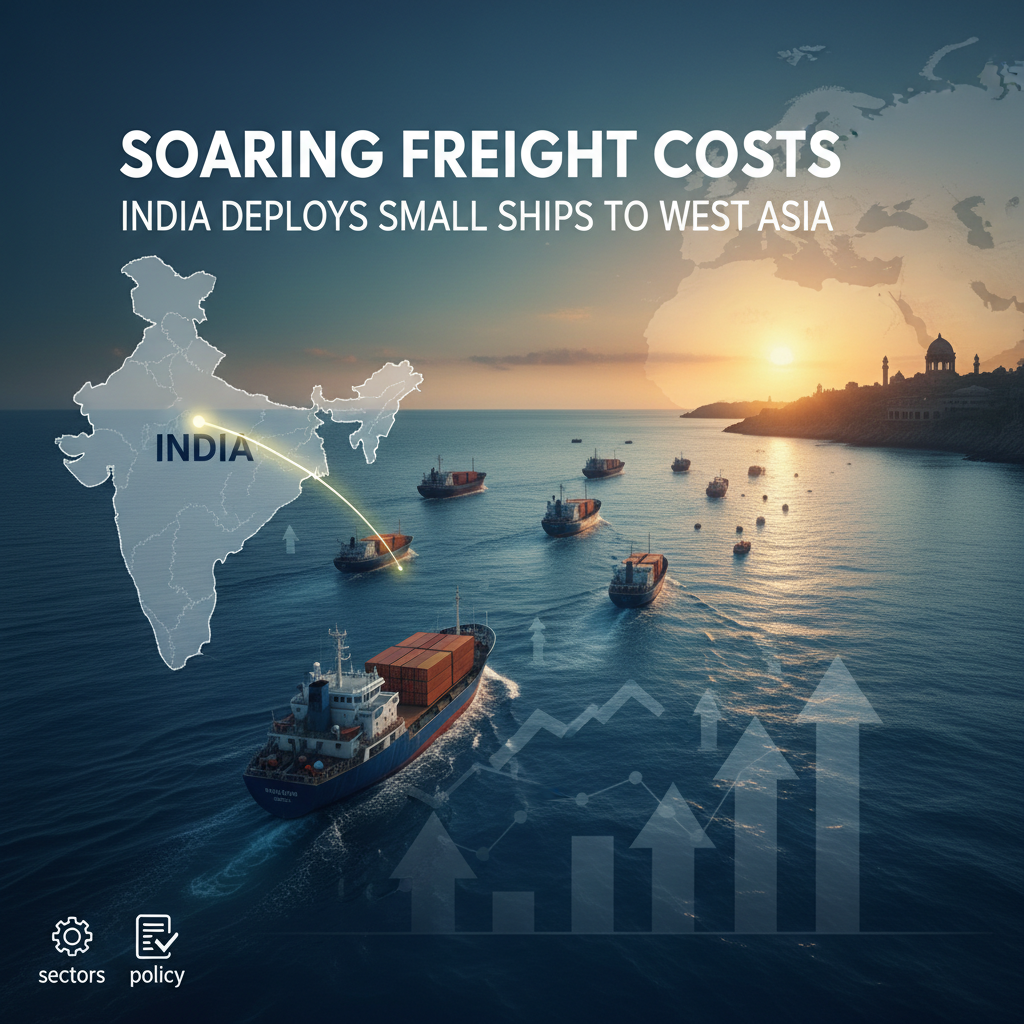 An image showing cargo ships at sea with India's map, West Asia outline, and rising graph arrows.