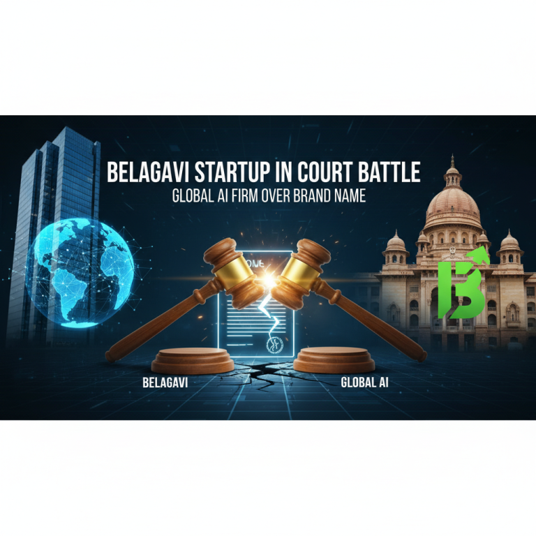 A visually striking image depicting a court battle between a Belagavi startup and a global AI firm over a brand name.