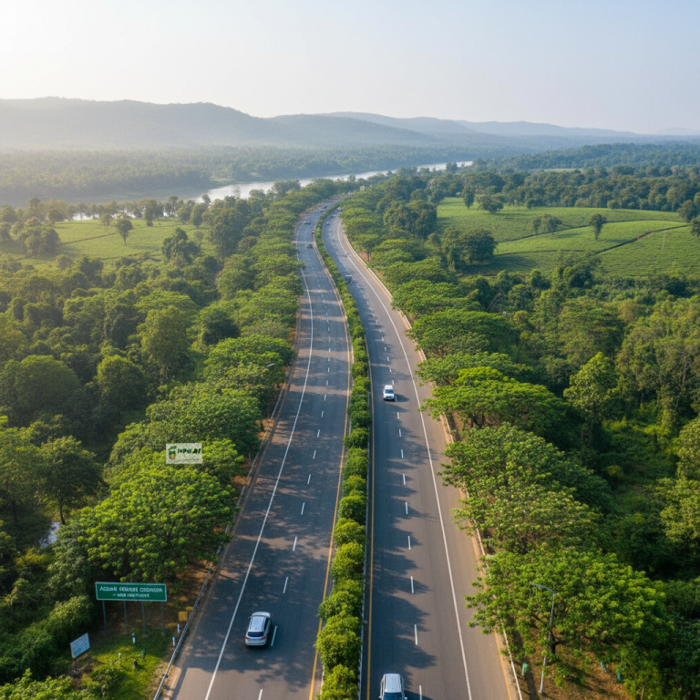 An aerial view of a multi-lane highway in Assam, India, flanked by lush green trees and vegetation.