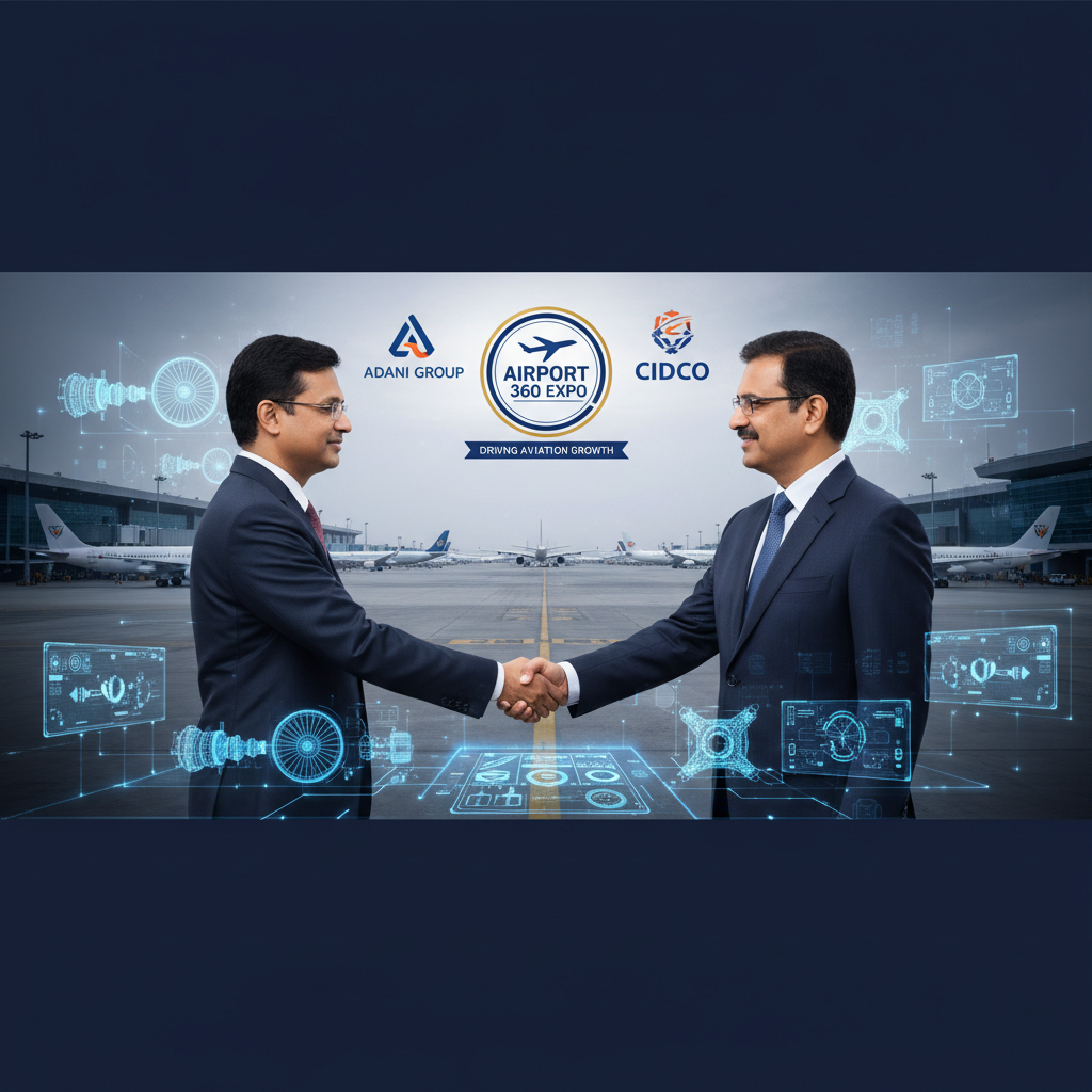 Two businessmen shaking hands at an airport, with logos for Adani Group, Airport 360 Expo, and CIDCO, surrounded by holographic aerospace components.