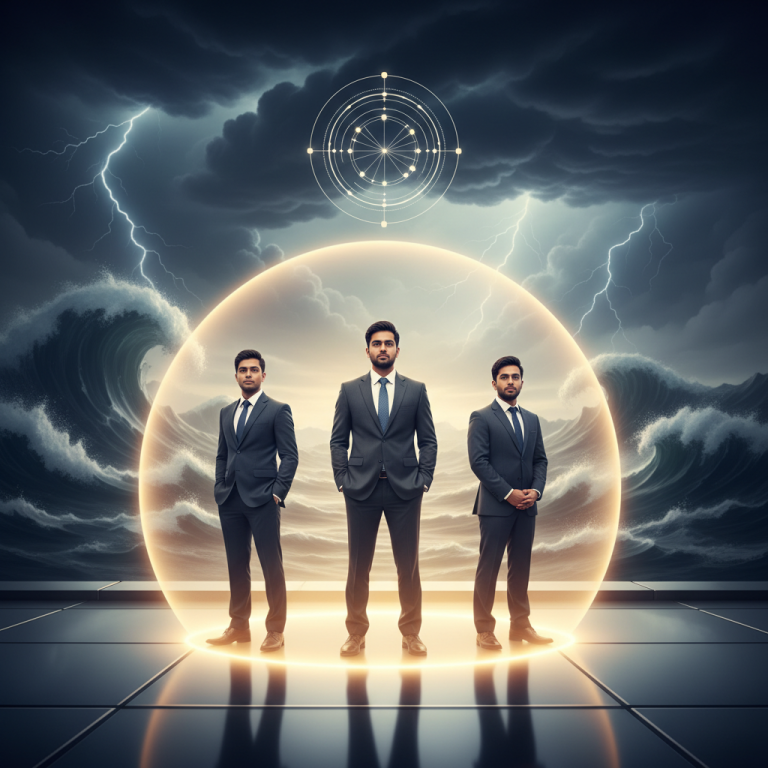 Three professional Indian men stand calmly within a glowing shield amidst a stormy sea and lightning.