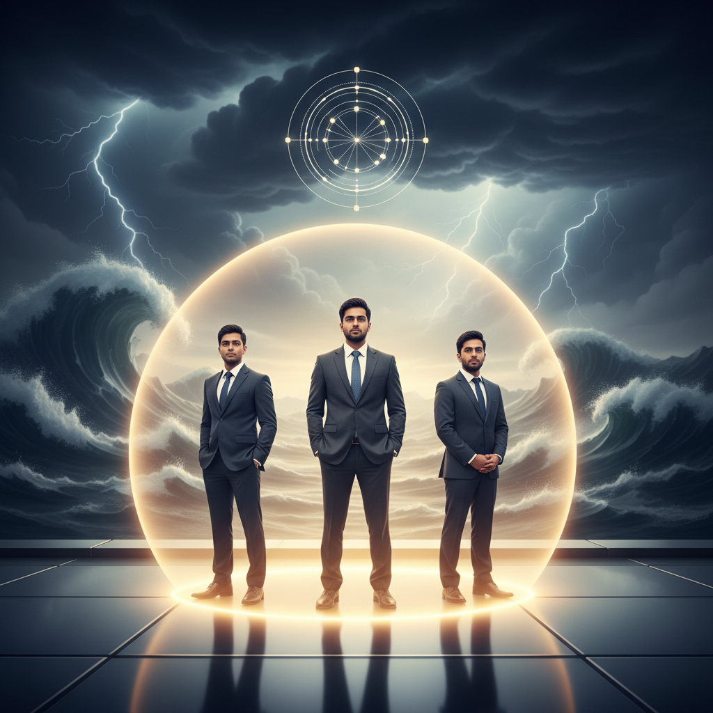 Three professional Indian men stand calmly within a glowing shield amidst a stormy sea and lightning.
