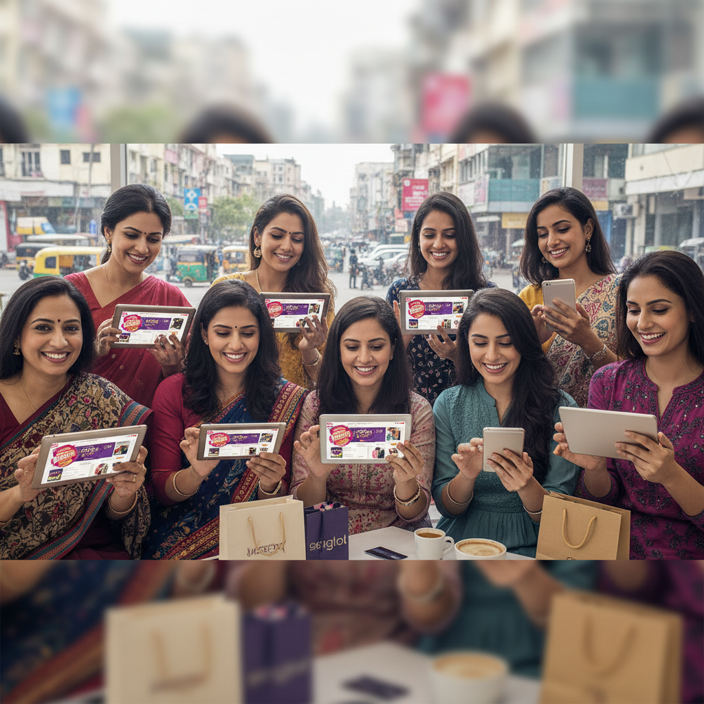A diverse group of Indian women happily shopping online on tablets and phones in a café.