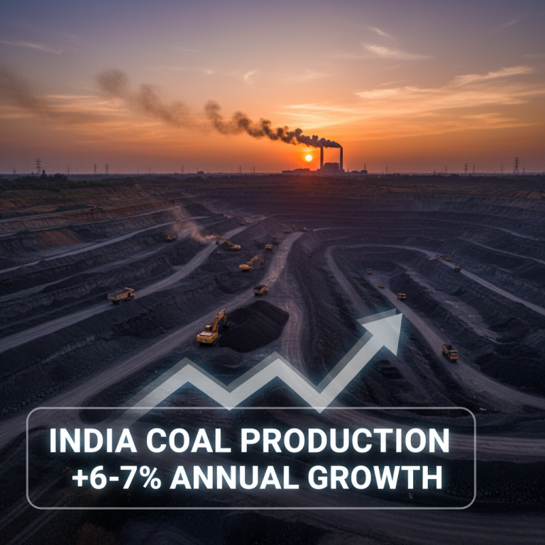 An aerial view of an open-pit coal mine with heavy machinery and a power plant in the background at sunset. An upward arrow graphic with "India Coal Production +6-7% Annual Growth" text overlay.