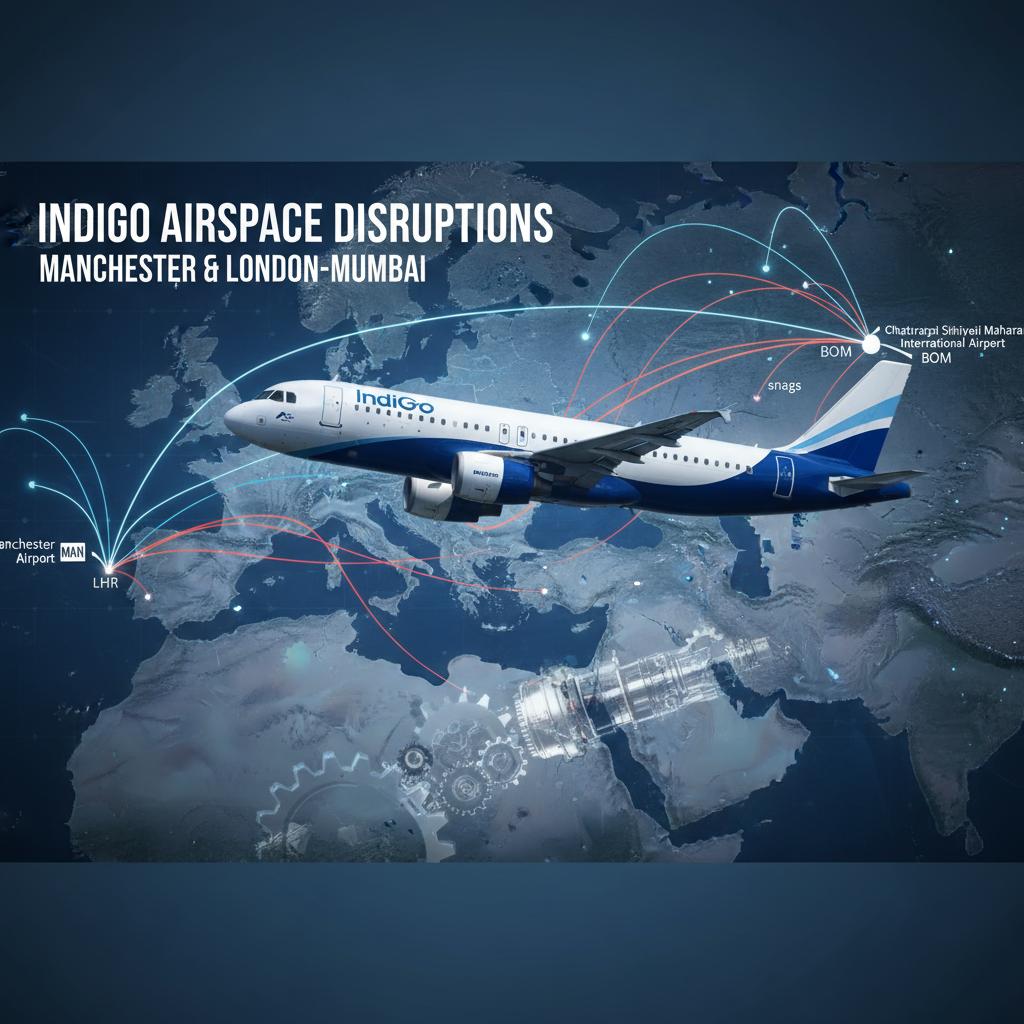 An IndiGo aircraft against a global map showing flight routes and disruptions.