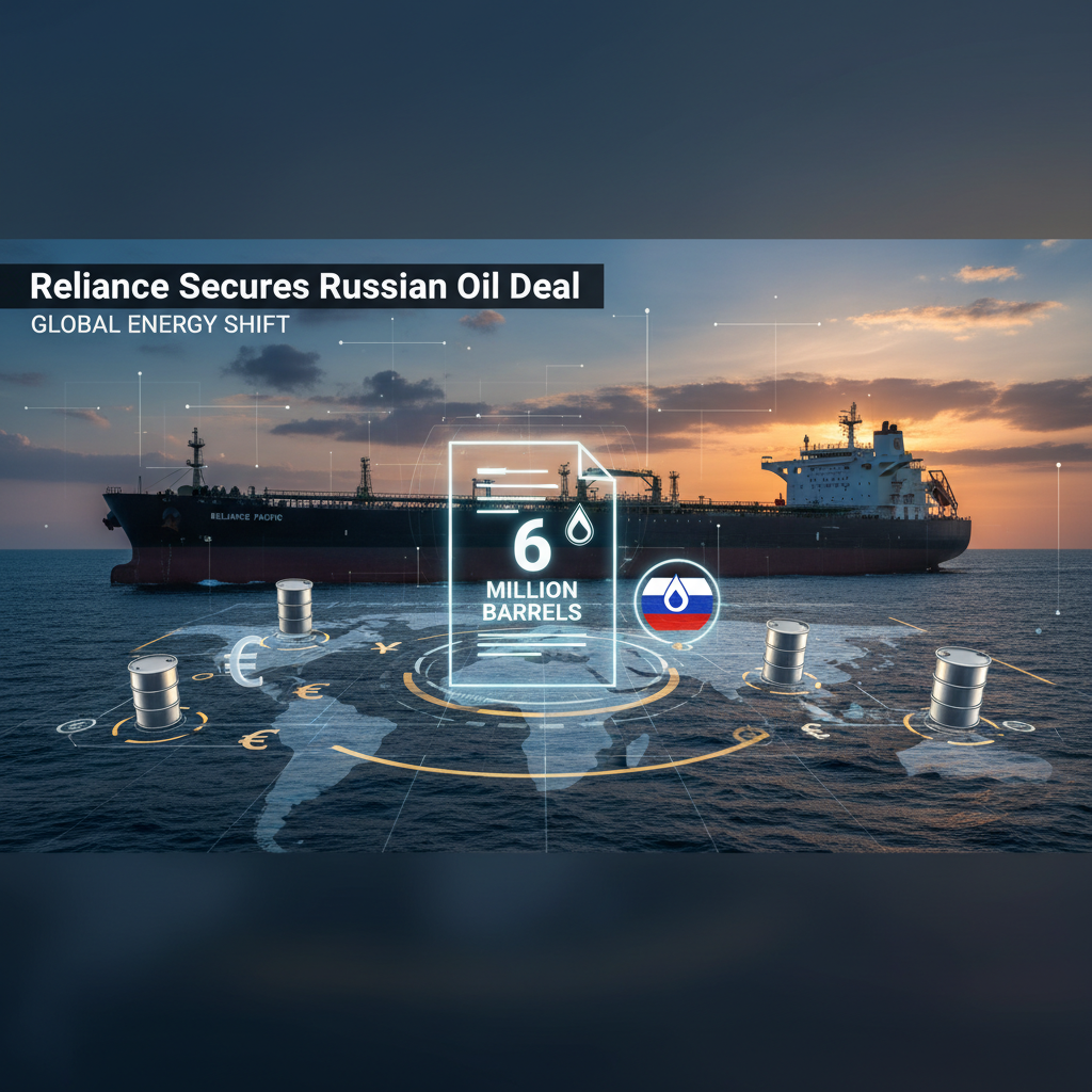 A supertanker at sunset with an overlay of a global map and data points indicating a 6 million barrel oil deal.