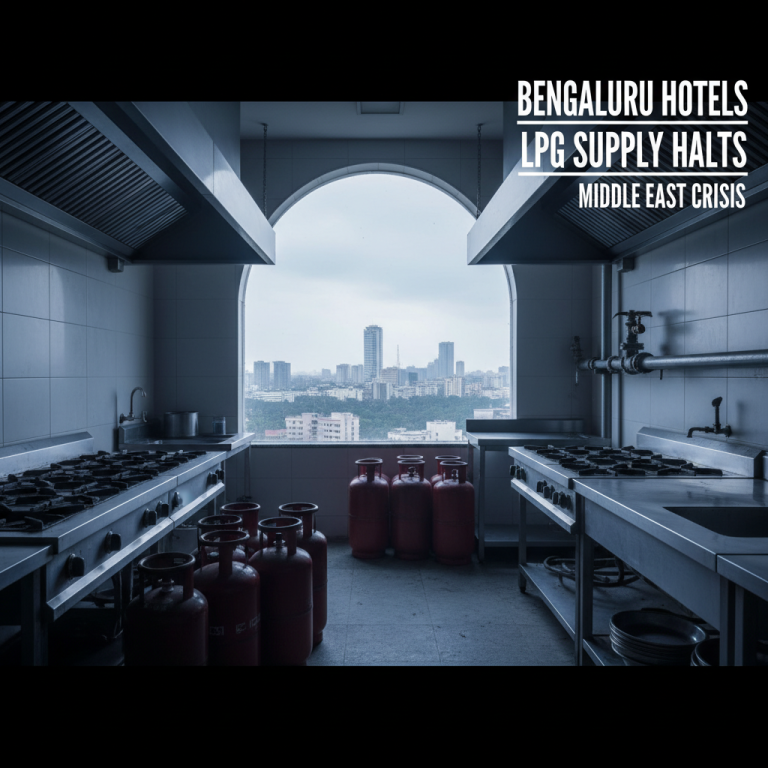 An empty commercial kitchen with red LPG cylinders, overlooking the Bengaluru skyline under a grey sky.