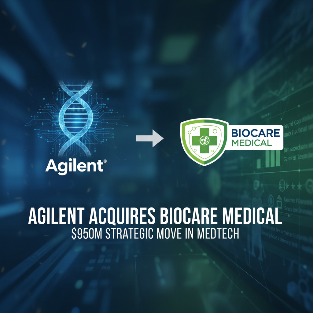 Agilent's DNA logo merging with Biocare Medical's shield logo, symbolizing the acquisition.
