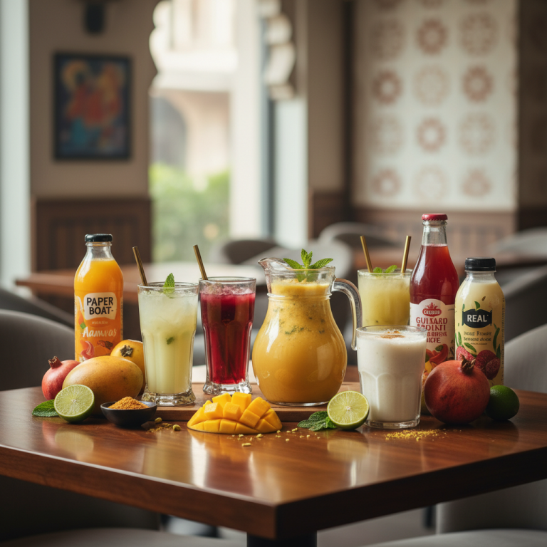 A vibrant display of various Indian non-fizzy beverages and fresh fruits on a wooden table in a cafe setting.