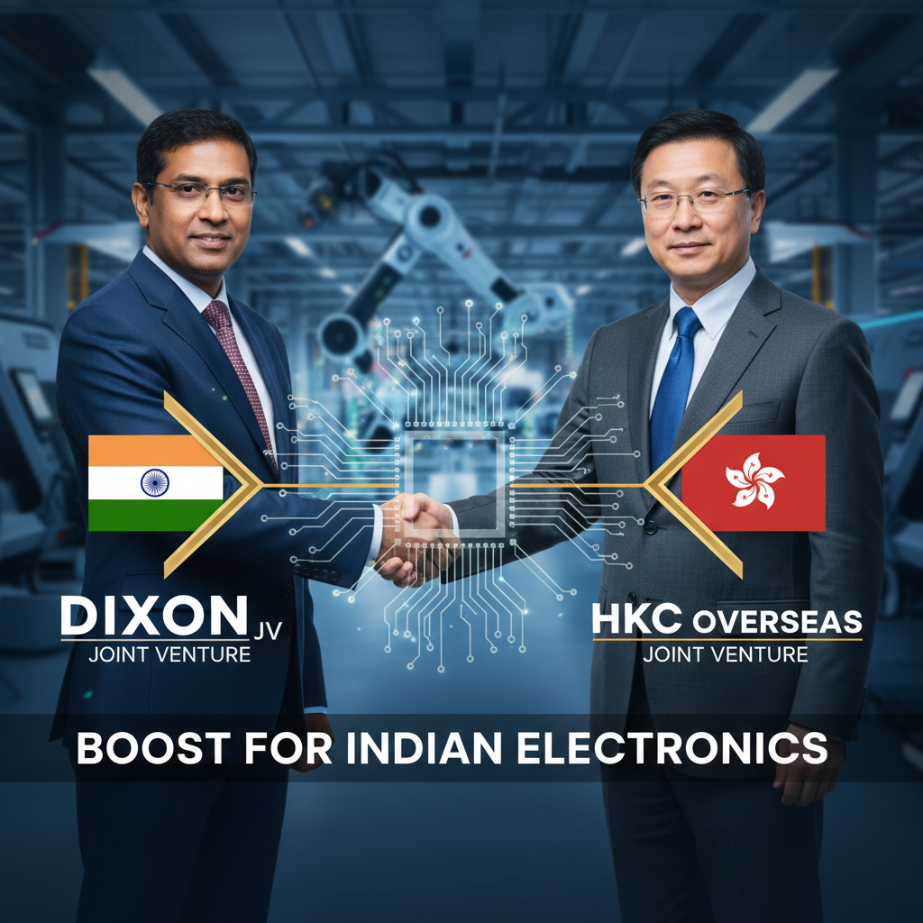 Two business leaders, representing Dixon (India) and HKC Overseas (Hong Kong), shaking hands against a tech backdrop.