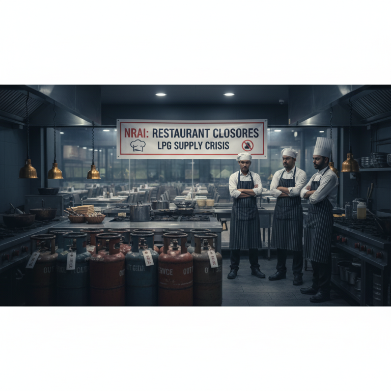 Three chefs in a commercial kitchen with empty gas cylinders and a banner about restaurant closures.
