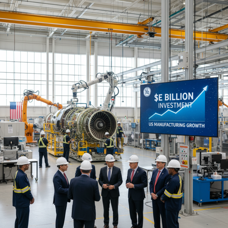 Executives and workers in a modern GE Aerospace factory with an engine, US flag, and "1 Billion Investment" on a screen.