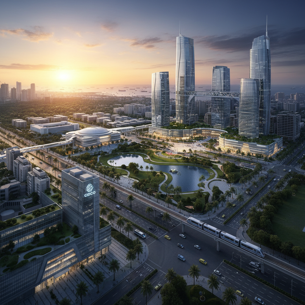 An aerial view of a modern commercial hub in Navi Mumbai with skyscrapers, green spaces, and a metro line.