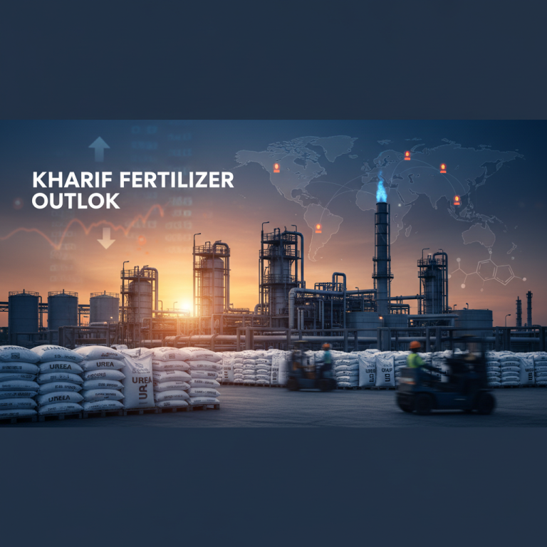 An industrial complex with fertilizer bags, forklifts, and a world map overlay, symbolizing supply chain and global events.