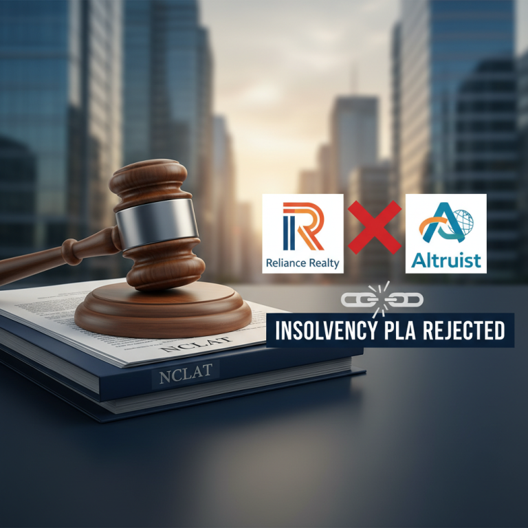 A gavel on legal documents with logos for Reliance Realty and Altruist, connected by a broken chain, signifying a rejected plea.