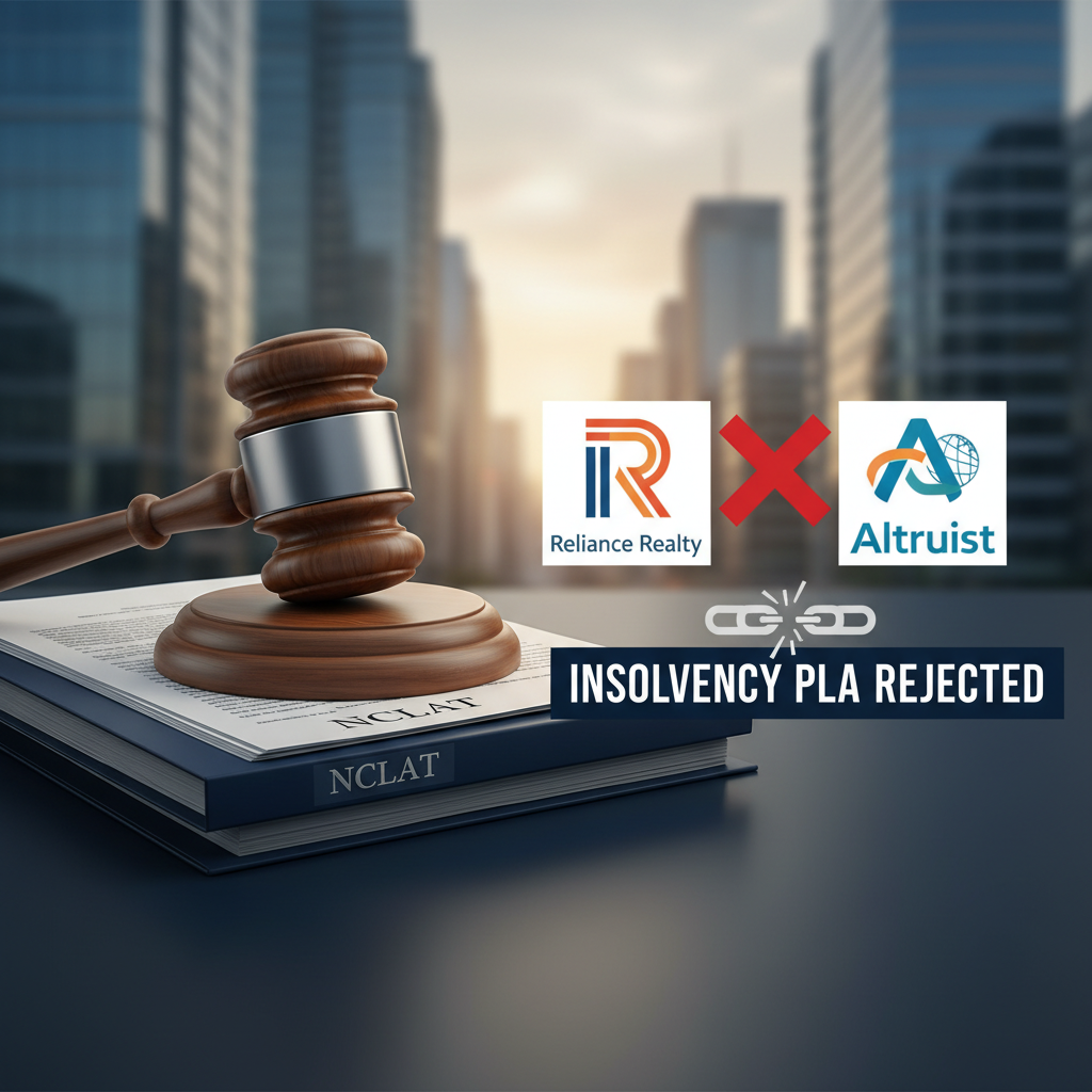 A gavel on legal documents with logos for Reliance Realty and Altruist, connected by a broken chain, signifying a rejected plea.