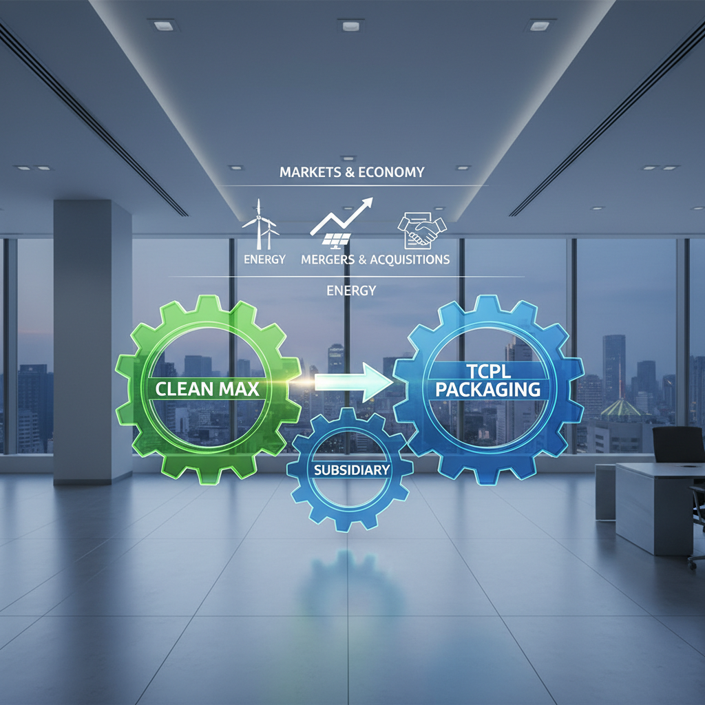 Conceptual image showing gears labeled "Clean Max," "Subsidiary," and "TCPL Packaging," with an arrow indicating a transfer.