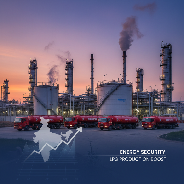 An oil refinery at sunset with a line of red tanker trucks and an overlay of India's map with an upward arrow.