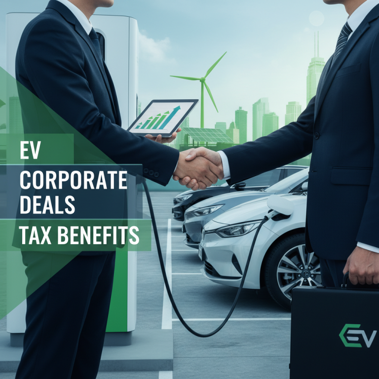 Two businessmen shake hands near an EV charging station, symbolizing corporate deals and tax benefits in the electric vehicle industry.
