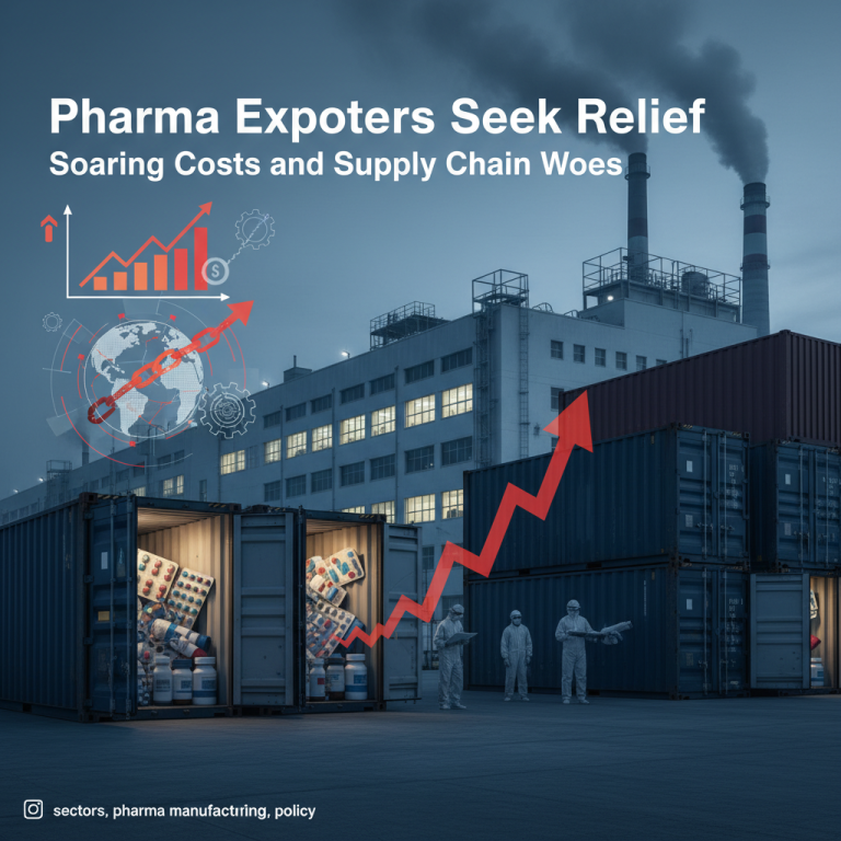 A modern pharmaceutical factory at dusk with shipping containers full of medical products and an overlay of rising financial graphs.