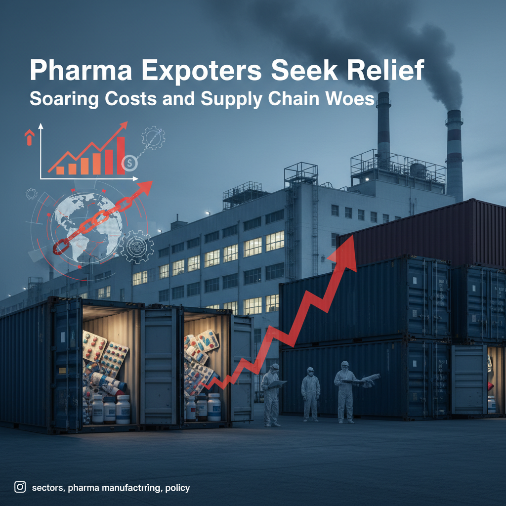 A modern pharmaceutical factory at dusk with shipping containers full of medical products and an overlay of rising financial graphs.