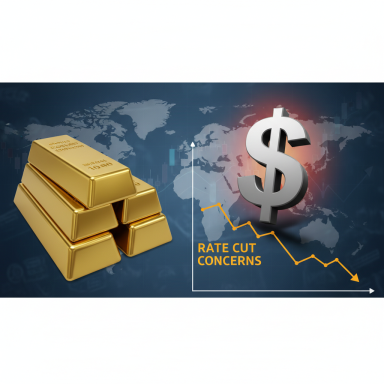 Image illustrating a decline in gold and silver value due to dollar strength and rate cut concerns.