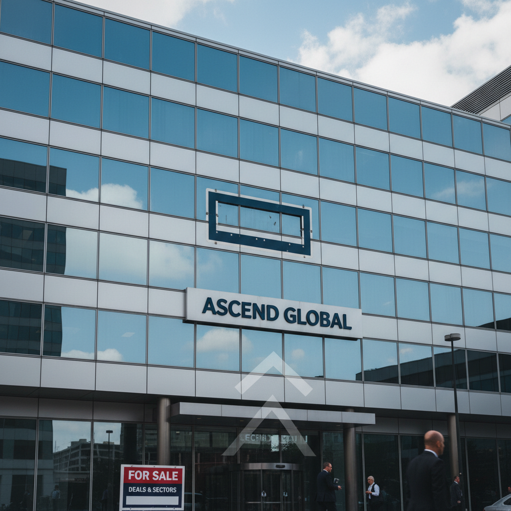 ** Modern glass corporate building with "ASCEND GLOBAL" text, a blank space where a logo was removed, and "FOR SALE" sign.