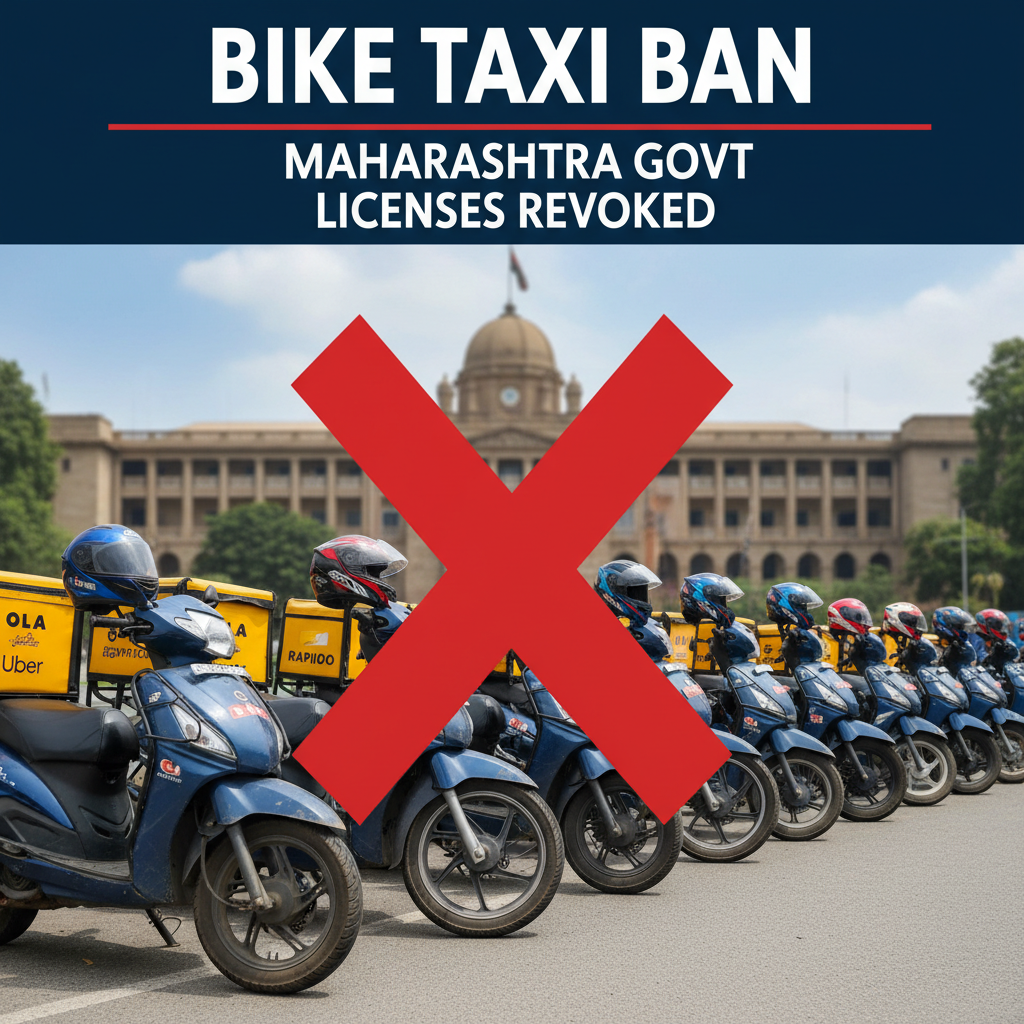 A line of parked bike taxis with a large red 'X' over them, signifying a ban, set against a government building.