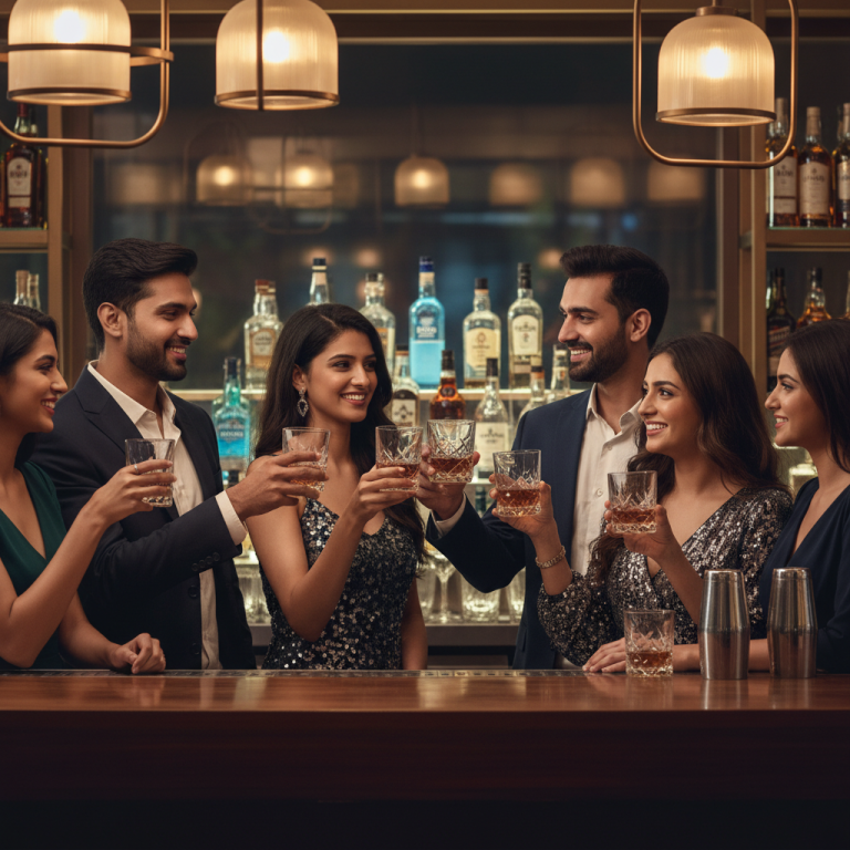 A group of young, well-dressed Indian adults smiling and toasting with glasses of amber spirits at a modern bar.