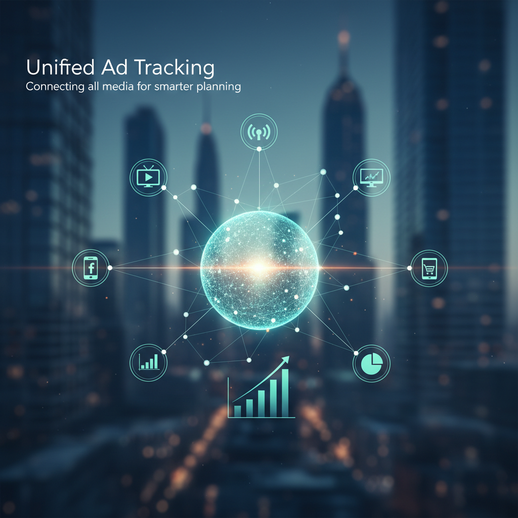 A central glowing orb connects various media icons (TV, social, mobile, web, e-commerce) against a blurred city background.