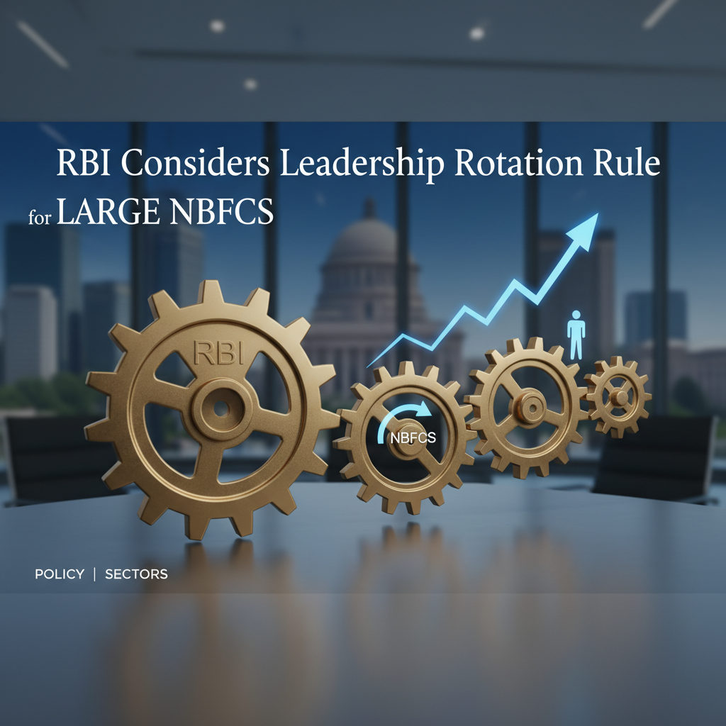 Gold gears with "RBI" and "NBFCs" labels, a rising arrow, and a silhouette of a person in a professional office.
