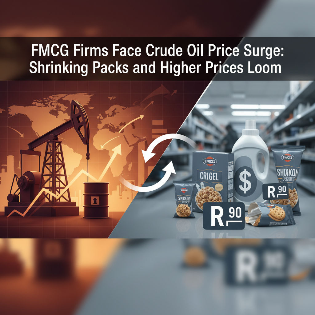 An oil derrick and rising arrows on one side, and FMCG products with rising prices on the other.