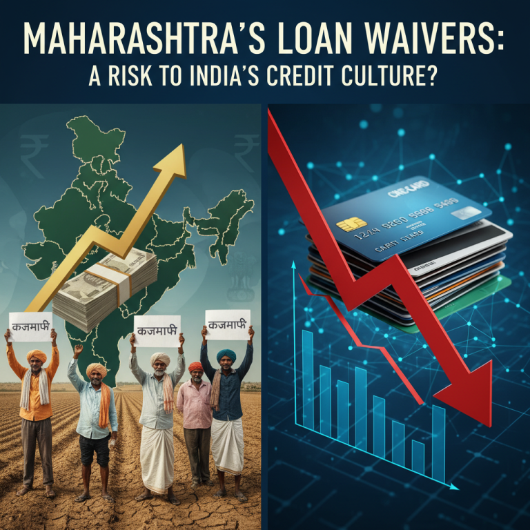 Farmers hold signs for loan waivers next to a credit card stack and a downward-pointing economic graph.