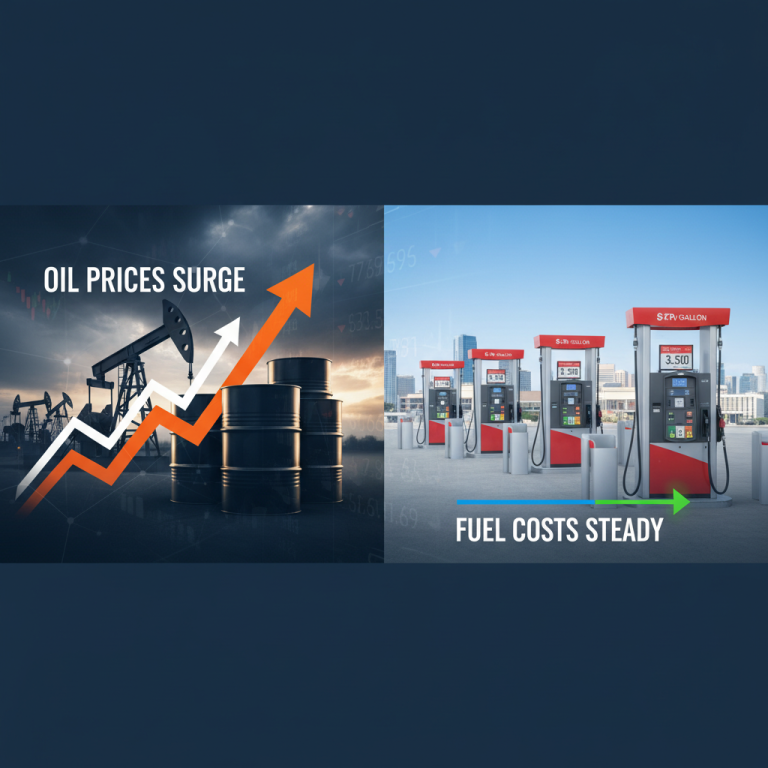 An image showing oil derricks and barrels on the left, with an upward arrow indicating surging prices. Gas pumps on the right show steady fuel costs.