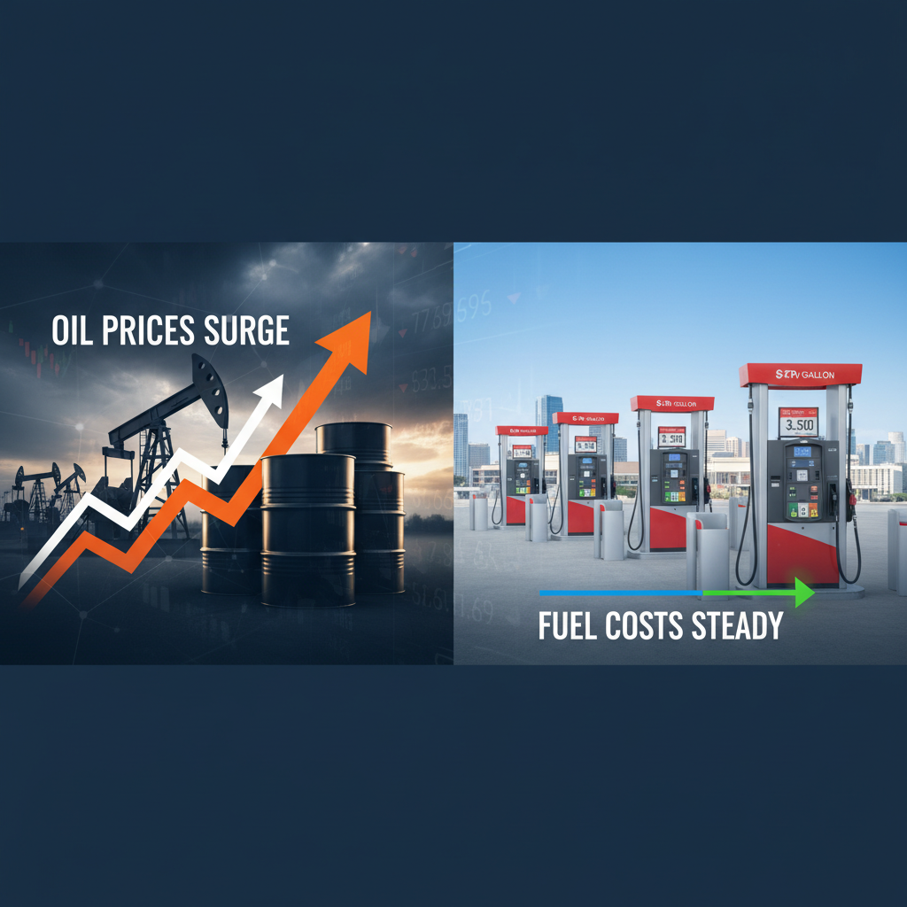 An image showing oil derricks and barrels on the left, with an upward arrow indicating surging prices. Gas pumps on the right show steady fuel costs.