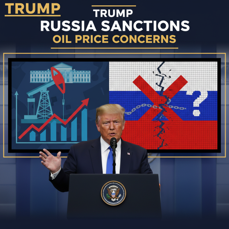 Donald Trump speaking at a podium, with a split graphic in the background representing oil prices and Russian sanctions.