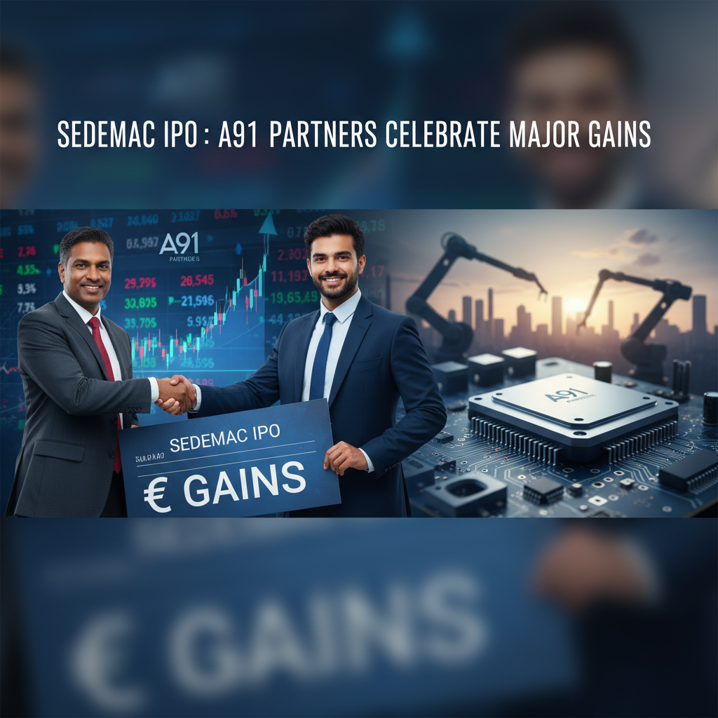 Two businessmen shake hands with a background of stock market charts and a microchip with robotic arms.