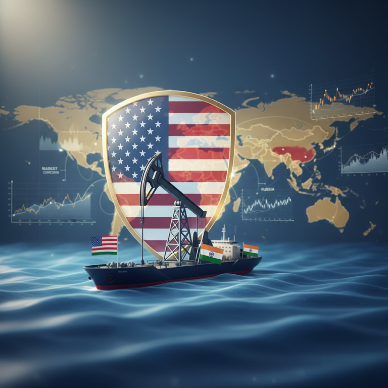 A shield with a US flag design stands behind an oil pump on a ship with Indian and US flags, against a world map.
